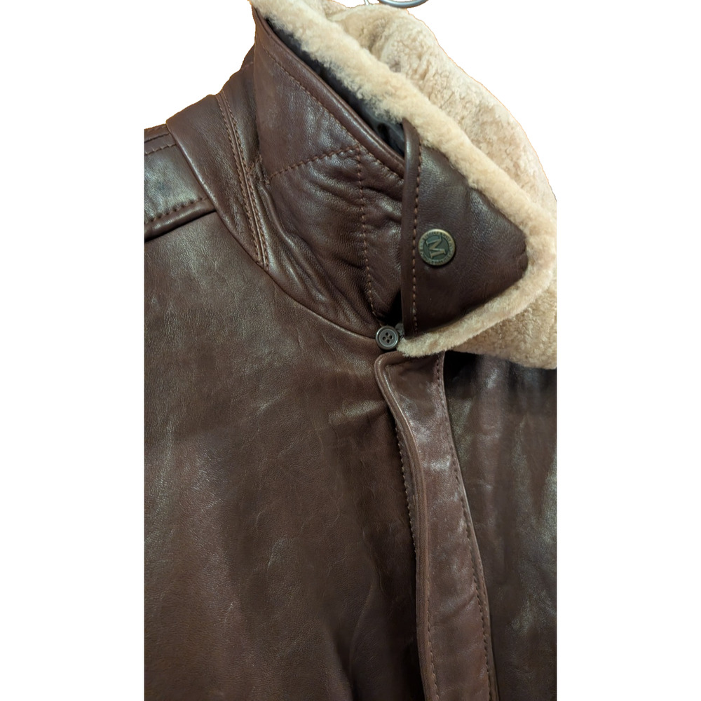 ANDREW MARC NEW YORK Leather Bomber Jacket Faux Shearling Collar BROWN XL - Picture 4 of 10